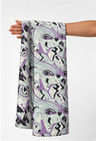 Lilac Abstract Swirls poly-cotton held in hand for scale