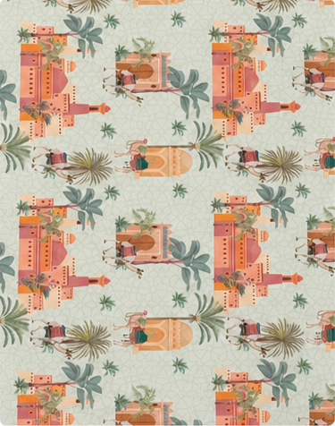 Peach Tropical Patchwork poly-cotton, print close up