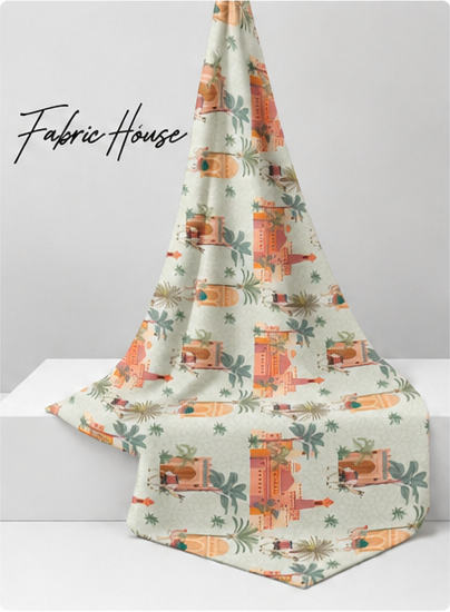 Peach Tropical Patchwork poly-cotton draped to show fall