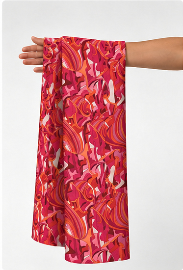 Coral Red Abstract Waves poly-cotton held in hand for scale