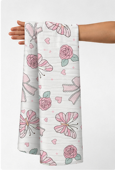 Pale Pink Butterfly Sketches poly-cotton held in hand for scale