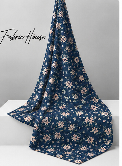 Navy Blue Mini Daisies poly-cotton draped to show fall