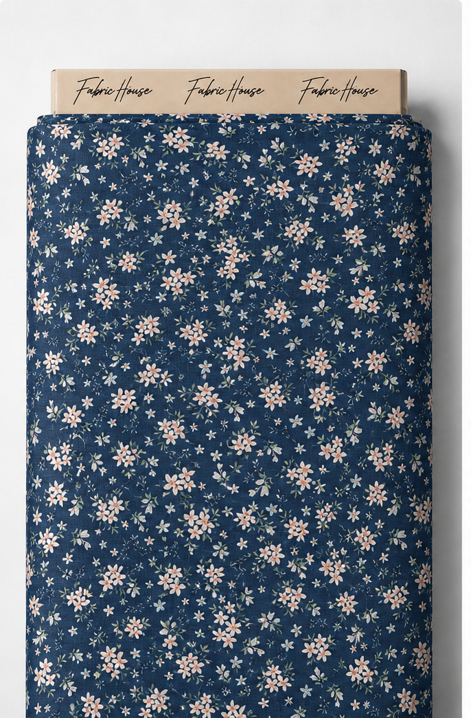 Navy Blue Mini Daisies poly-cotton full roll