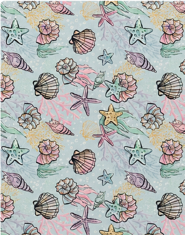 Mint Pastel Seashells poly-cotton, print close up