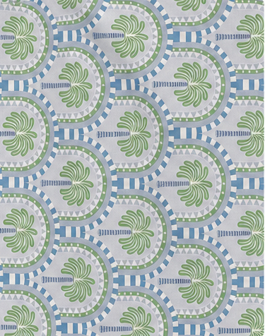 Blue Sage Ornamental Medallions poly-cotton, print close up