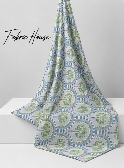 Blue Sage Ornamental Medallions poly-cotton draped to show fall