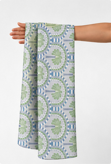 Blue Sage Ornamental Medallions poly-cotton held in hand for scale