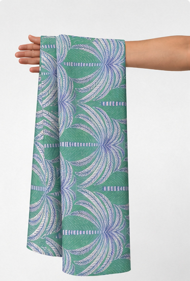 Teal Lavender Flowing Leaves poly-cotton held in hand for scale