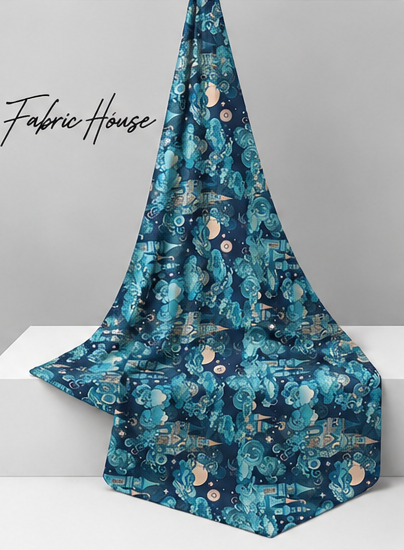 Deep Teal Botanical Blooms poly-cotton draped to show fall