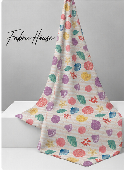 Pastel Rainbow Seashells poly-cotton draped to show fall