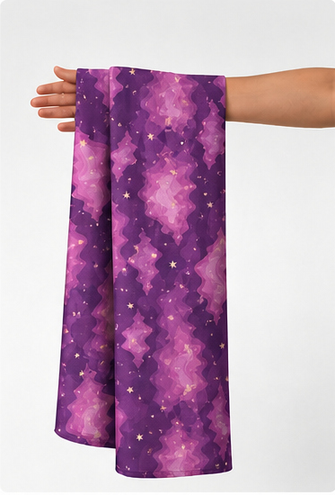 Purple Cosmic Nebula poly-cotton held in hand for scale
