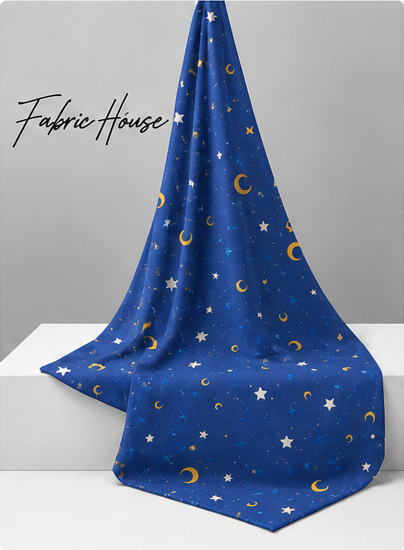 Midnight Blue Crescent Moons poly-cotton draped to show fall