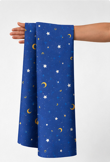Midnight Blue Crescent Moons poly-cotton held in hand for scale