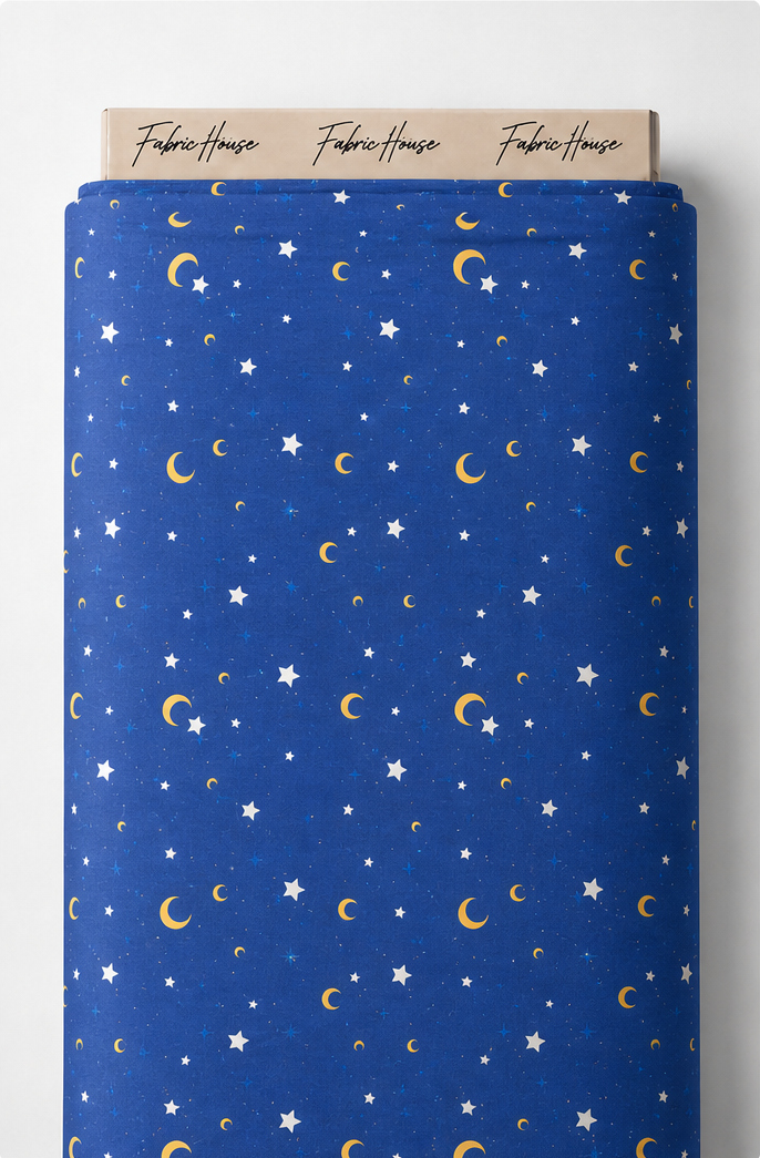 Midnight Blue Crescent Moons poly-cotton full roll