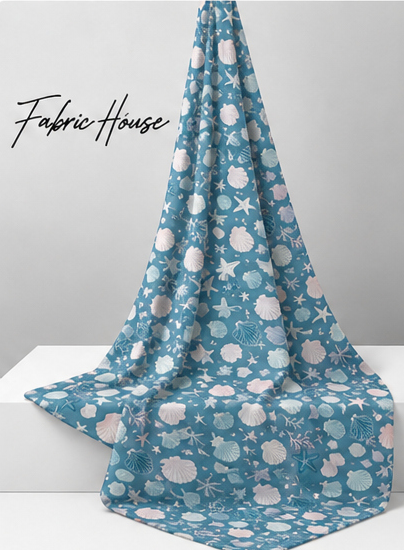 Teal White Celestial Shapes poly-cotton draped to show fall