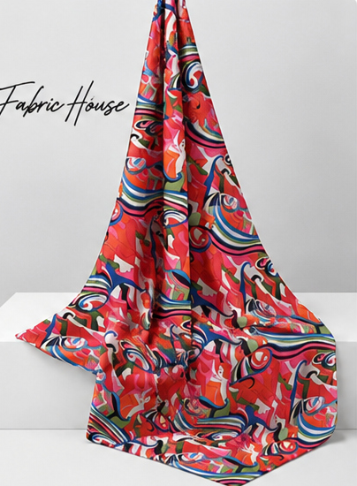 Red Multicolor Abstract Ribbons poly-cotton draped to show fall