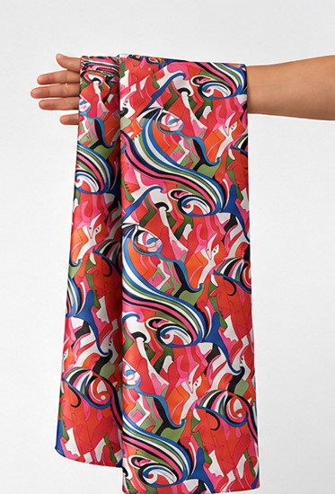 Red Multicolor Abstract Ribbons poly-cotton held in hand for scale