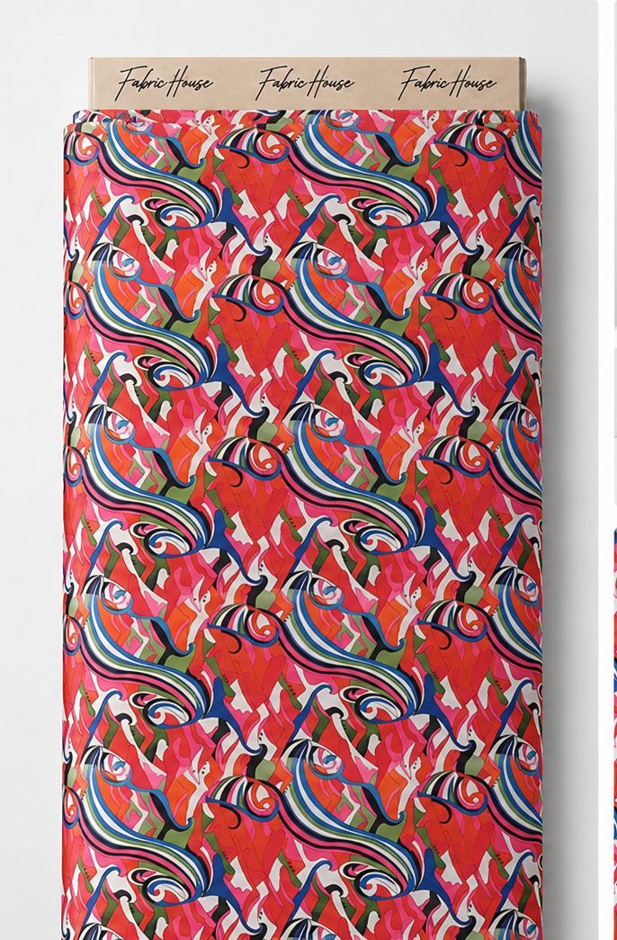 Red Multicolor Abstract Ribbons poly-cotton full roll