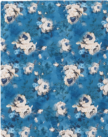 Denim Blue White Florals poly-cotton, print close up