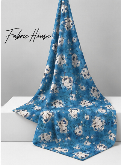 Denim Blue White Florals poly-cotton draped to show fall