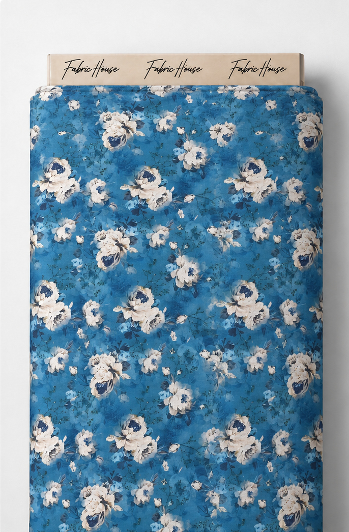 Denim Blue White Florals poly-cotton full roll