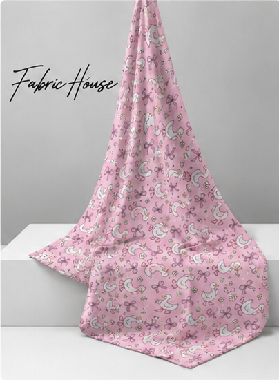 Pink Whimsical Unicorns poly-cotton draped to show fall