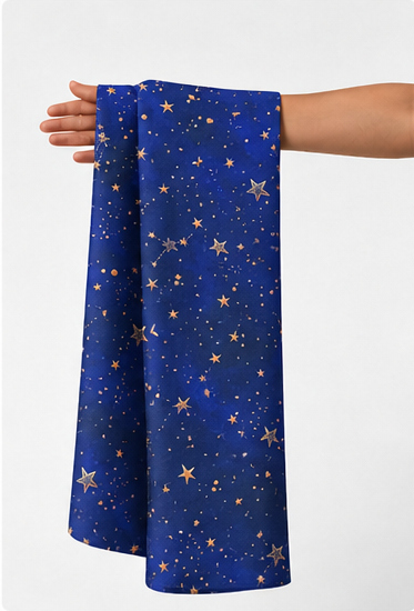 Deep Blue Golden Starfield poly-cotton held in hand for scale