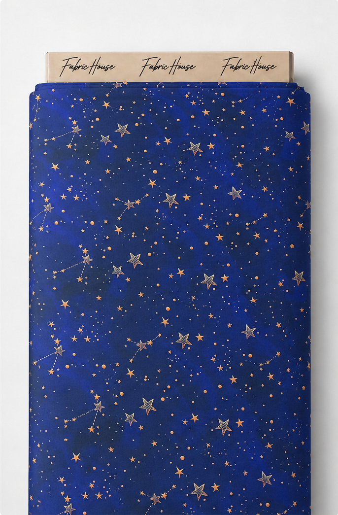 Deep Blue Golden Starfield poly-cotton full roll