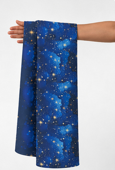 Galaxy Blue Nebula Print poly-cotton held in hand for scale