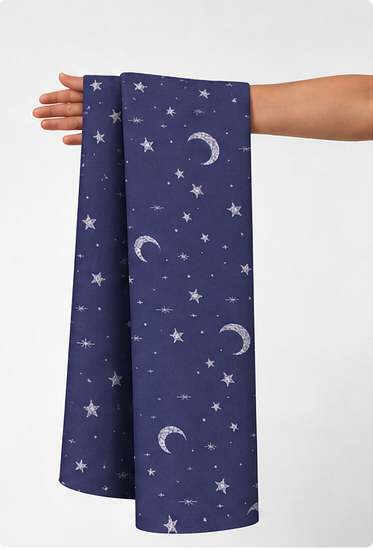 Lavender Night Sky poly-cotton held in hand for scale