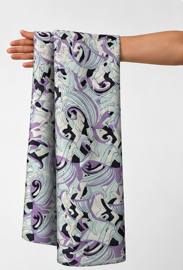 Lilac Abstract Swirl Lines poly-cotton held in hand for scale