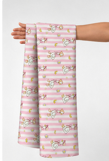 Pink Pastel Striped Florals poly-cotton held in hand for scale