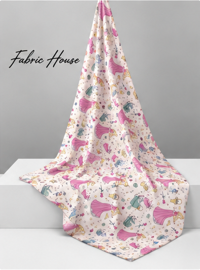 Cream Pink Playful Illustrations poly-cotton draped to show fall