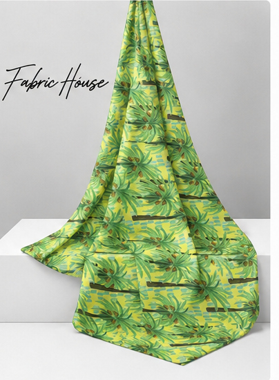 Lime Tropical Palm Leaves poly-cotton draped to show fall