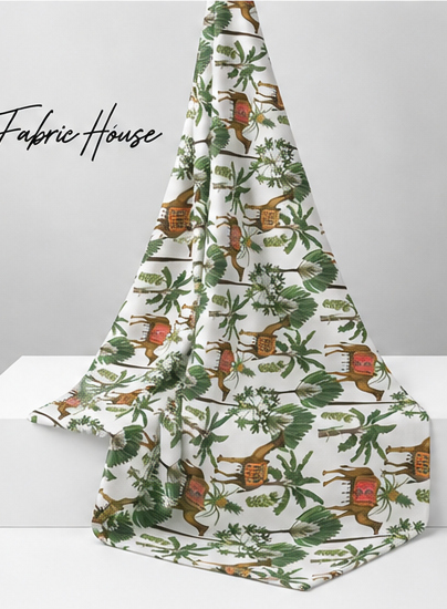 White Tropical Birds and Leaves poly-cotton draped to show fall