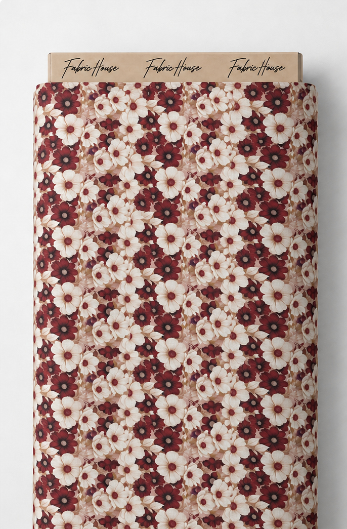 Burgundy Ditsy Daisy Floral poly-cotton full roll