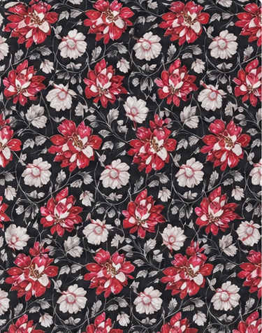 Black Red and Pink Floral poly-cotton, print close up