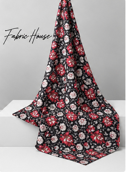 Black Red and Pink Floral poly-cotton draped to show fall