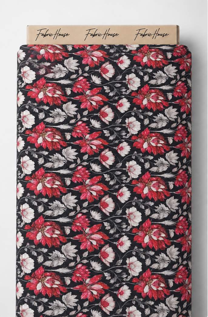 Black Red and Pink Floral poly-cotton full roll
