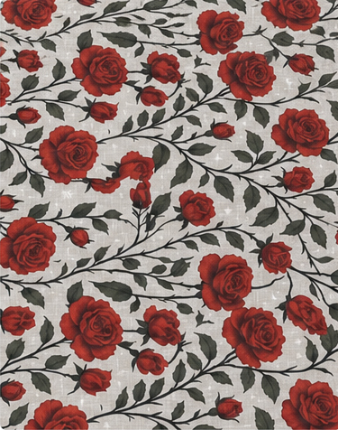 Ivory Red Rose Garden poly-cotton, print close up