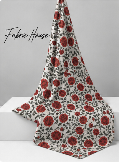 Ivory Red Rose Garden poly-cotton draped to show fall