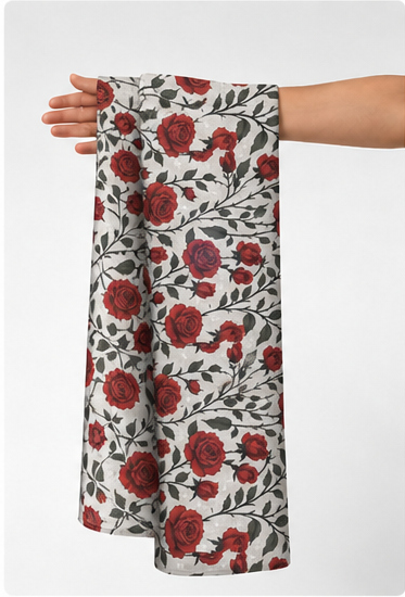 Ivory Red Rose Garden poly-cotton held in hand for scale