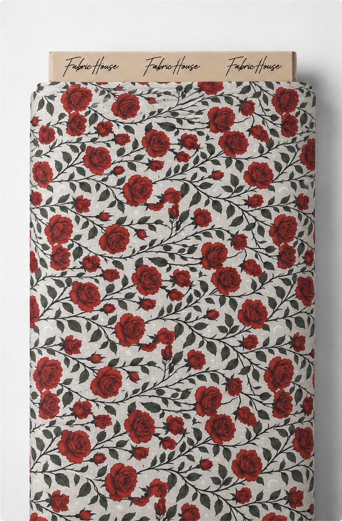 Ivory Red Rose Garden poly-cotton full roll