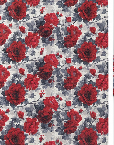 Light Blue Red Floral poly-cotton, print close up