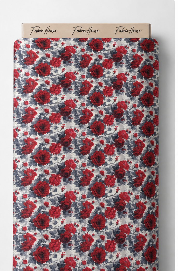 Light Blue Red Floral poly-cotton full roll