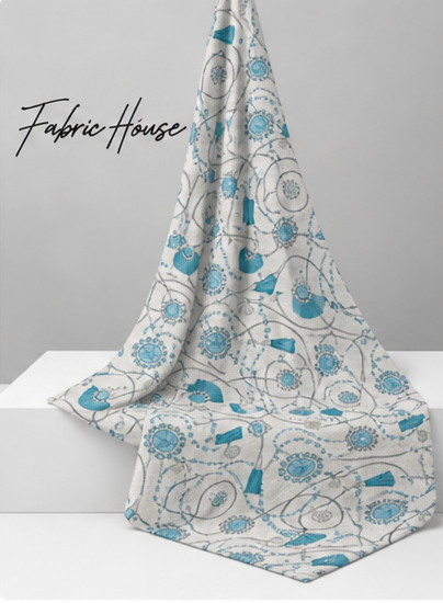 Turquoise Botanical Line Art poly-cotton draped to show fall