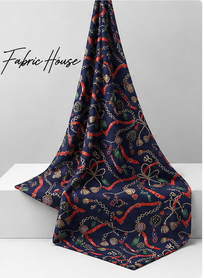 Navy Multicolor Swirl Print poly-cotton draped to show fall