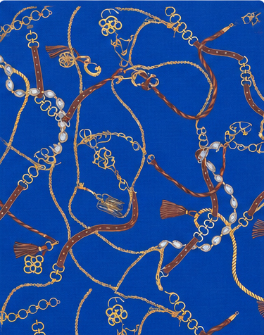 Royal Blue Golden Vines poly-cotton, print close up