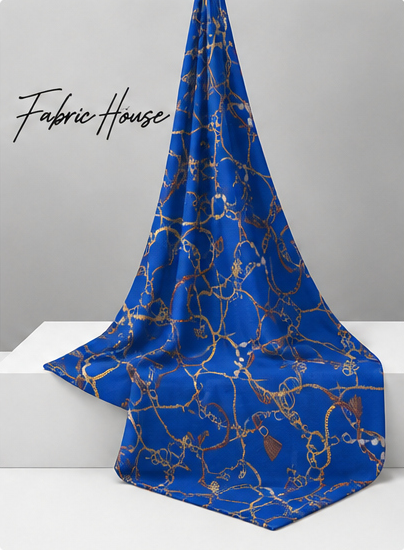 Royal Blue Golden Vines poly-cotton draped to show fall