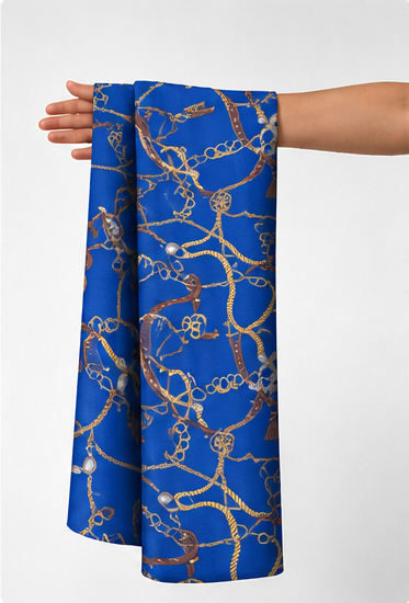 Royal Blue Golden Vines poly-cotton held in hand for scale